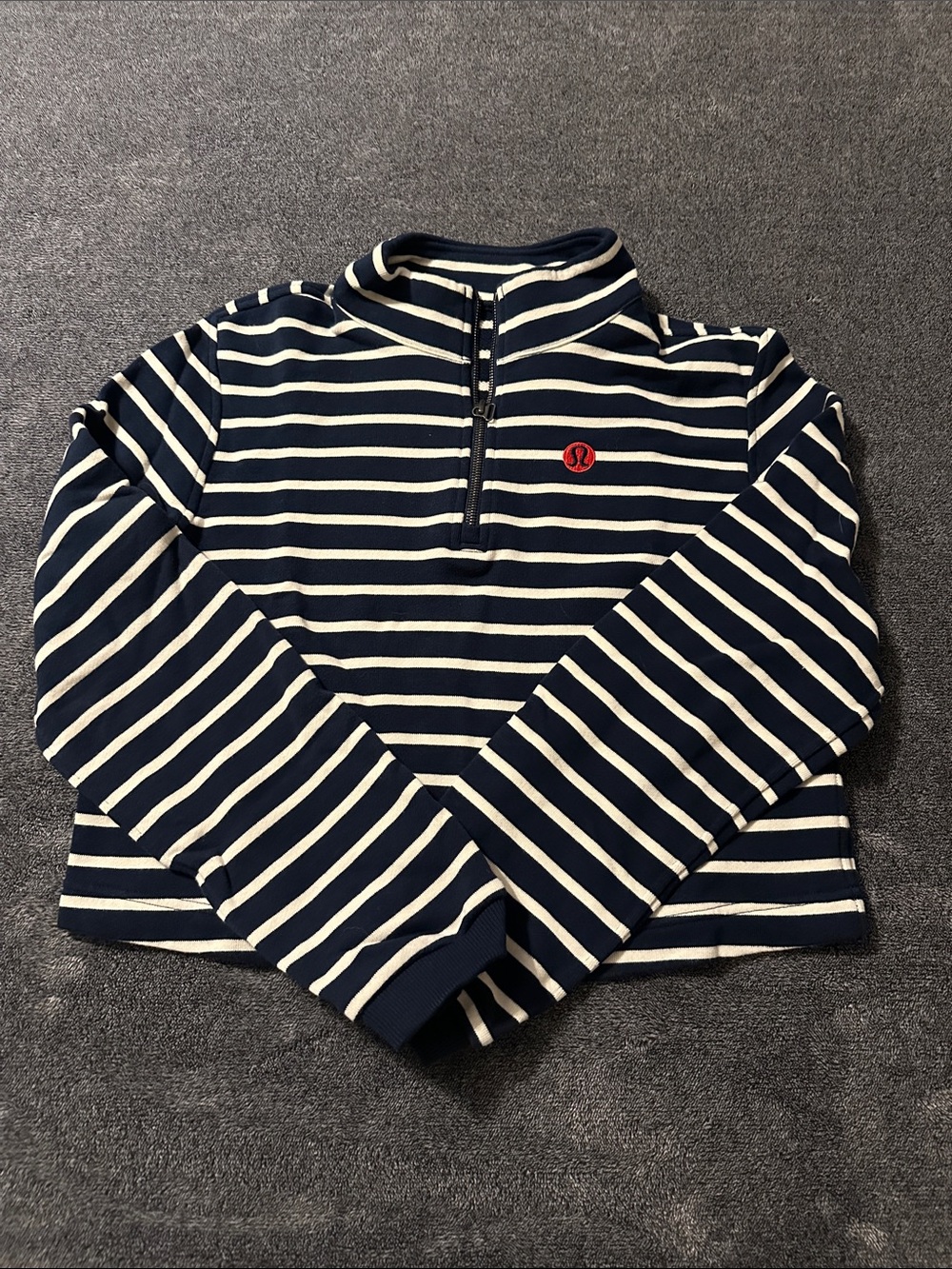 lululemon athletica Navy and White Striped Half-Zip Sweater cropped